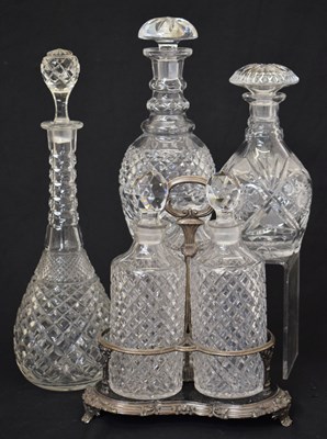 Lot 399 - Early 20th century silver plate three bottle decanter stand, etc
