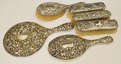 Lot 189 - Pair of Victorian silver backed dressing brushes decorated with angels and floral arrangements, etc