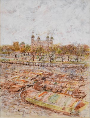 Lot 501 - Alex Jawdokimov (Russian, b.1937) - Mixed media - 'Tower of London, Thames Barges'
