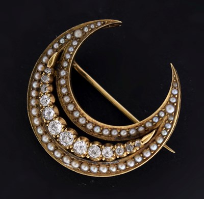 Lot 22 - Victorian diamond and seed pearl crescent moon brooch