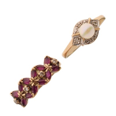 Lot 55 - Ruby and diamond 9ct gold ring, plus a pearl and diamond 9ct gold ring (2)