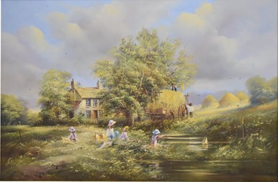 Lot 504 - Ted Dyer (British, b 1940) - Oil on canvas - Rural harvesting landscape