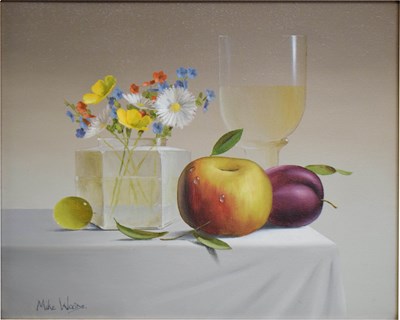 Lot 503 - Mike Woods (British, b1967) - Oil on canvas - Still life of fruit and flowers
