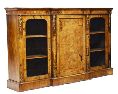 Lot 500 - Mid Victorian inlaid figured walnut breakfront credenza or side cabinet