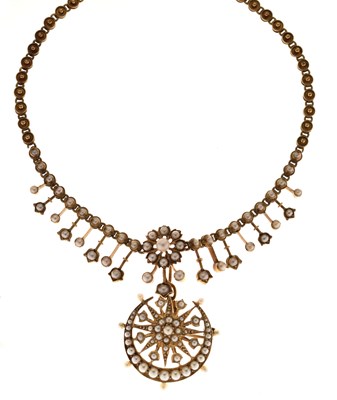 Lot 39 - Late Victorian seed pearl yellow metal pendant necklace