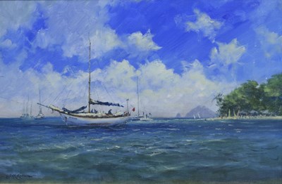 Lot 322 - Robert Charles 'Jack' Russell (British, b. 1963) - Oil on canvas - 'Moored off St. Vincent'