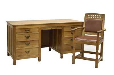 Lot 531 - ‘Lizardman’ Derek Slater (b.1945) – Oak twin pedestal desk and chair