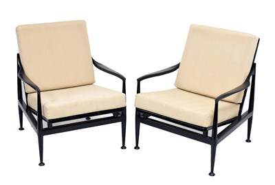 Lot 401 - Pair of George Stone of High Wycombe ebonised open armchairs, circa 1962