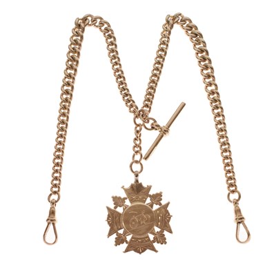 Lot 41 - Late Victorian yellow metal (9ct) 'rose gold' watch Albert chain with fob