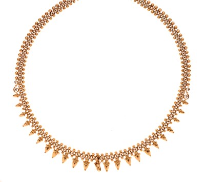 Lot 40 - Victorian unmarked yellow metal acorn fringed necklace