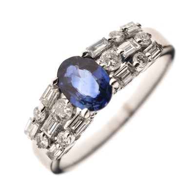 Lot 9 - Sapphire and diamond white metal ring