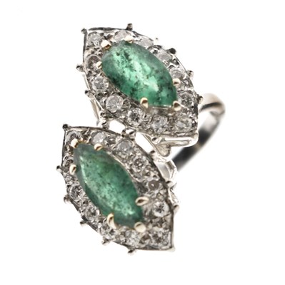 Lot 4 - Emerald and diamond double marquise white metal cluster ring