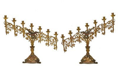 Lot 154 - Pair cast gilt metal ecclesiastical seven-light candelabra