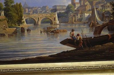 Lot 294 - Arthur John Strutt - (British, 1819–1888) - Oil on canvas - View of Rome from the River Tiber