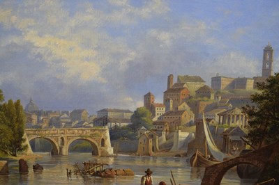 Lot 294 - Arthur John Strutt - (British, 1819–1888) - Oil on canvas - View of Rome from the River Tiber