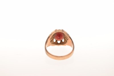 Lot 11 - Gentleman's 9ct gold dress ring set faceted red stone, 7.2 g