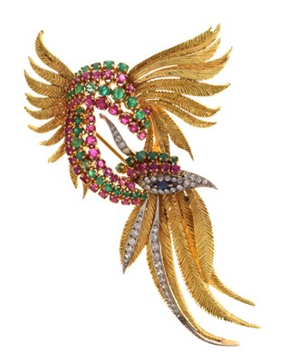 Lot 102 - Diamond, emerald, sapphire and ruby stylised bird of paradise brooch