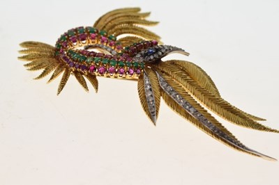Lot 102 - Diamond, emerald, sapphire and ruby stylised bird of paradise brooch