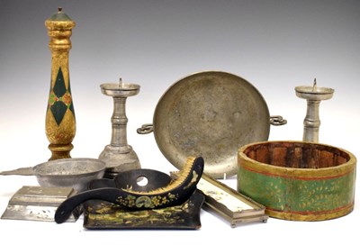 Lot 431 - Assorted pewter, paper mache crumb brush, ceramics and glass, etc