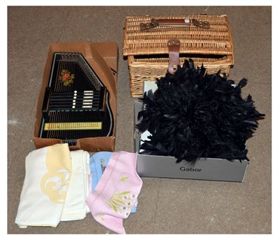 Lot 438 - Quantity of linen, together with a feather boa, wicker basket, and Zither