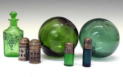 Lot 214 - Assorted green glass scent bottles and two buoys