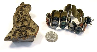 Lot 186 - Eastern hardstone belt, filigree brooch and Indian printing block