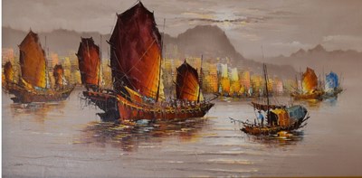 Lot 351 - Large oil on board (canvas laid down) - Junks in Hong Kong Harbour