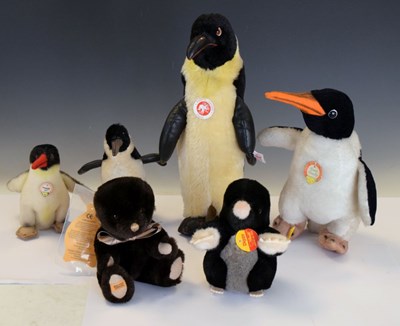 Lot 408 - Four Steiff penguins, Mole & Merrythought mole