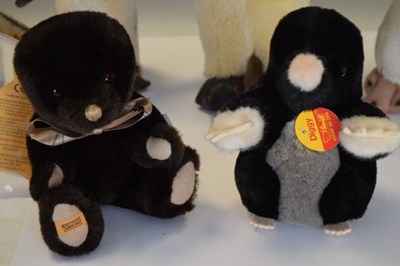 Lot 408 - Four Steiff penguins, Mole & Merrythought mole