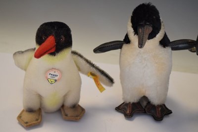 Lot 408 - Four Steiff penguins, Mole & Merrythought mole