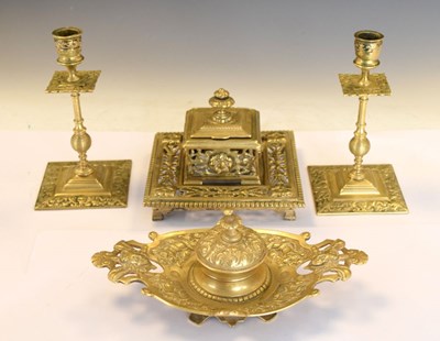 Lot 168 - Two French-style brass inkwells and two candlesticks