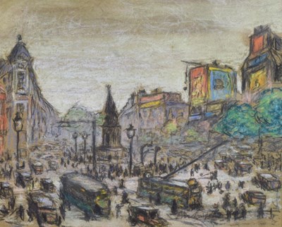 Lot 427 - Luigi Loir (French 1845-1916) - Pastel and charcoal - Place Clichy, Paris, signed, 21cm x 26cm