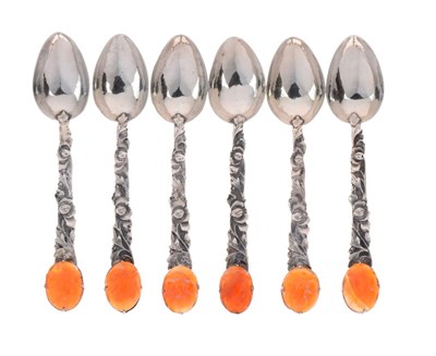 Lot 171 - Set six Chinese white metal and hardstone coffee spoons