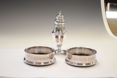 Lot 131 - Silver sugar sifter and pair of silver wine coasters