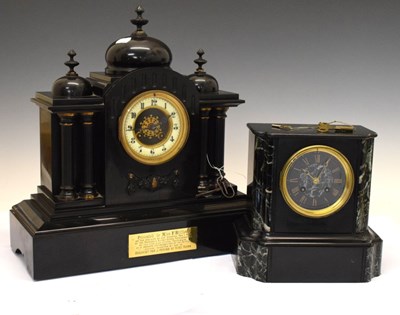 Lot 338 - French black slate mantel clock of triple-dome design and smaller other example