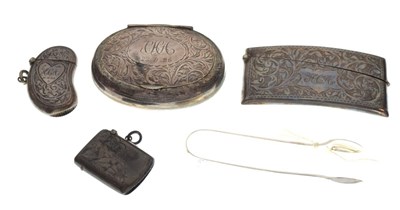 Lot 129 - Silver tobacco box, two vestas, card case and lorgnettes