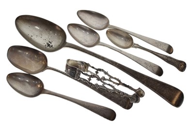 Lot 127 - Silver basting spoon, four dessert spoons, etc