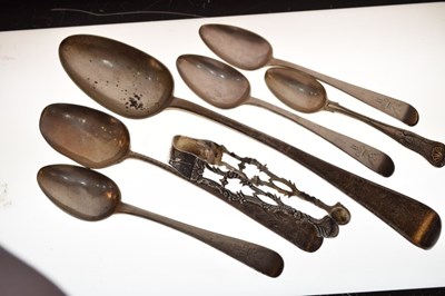 Lot 127 - Silver basting spoon, four dessert spoons, etc