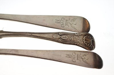 Lot 127 - Silver basting spoon, four dessert spoons, etc