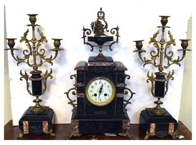 Lot 337 - Black slate clock and candlesticks