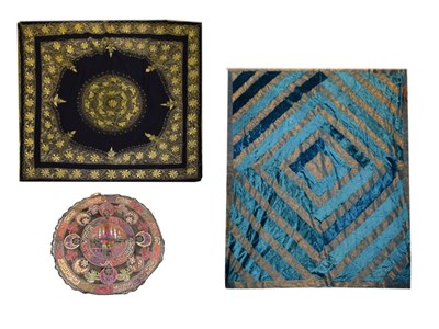 Lot 510 - Eastern embroidery, gilt thread hanging and turquoise throw