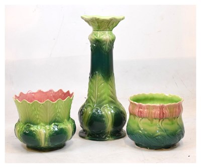 Lot 467 - Green glazed pedestal and two jardinières