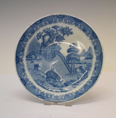 Lot 194 - Early 19th Century blue transfer-printed pearlware saucer dish decorated with an elephant and pagoda