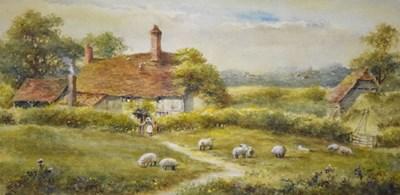 Lot 592 - English School circa 1900 - Watercolour  - cottage with sheep grazing in a field