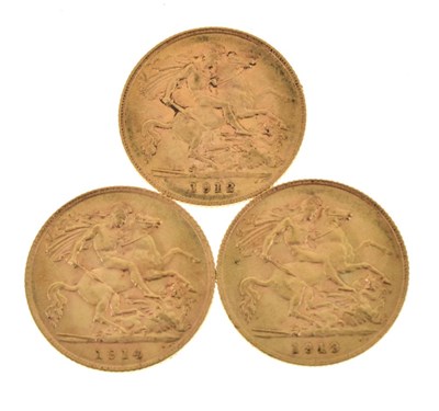 Lot 222 - Three George V gold half sovereigns, 1912, 1913 and 1914