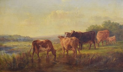 Lot 432 - Manner of Thomas Sidney Cooper - Oil on canvas - Cattle in a pasture