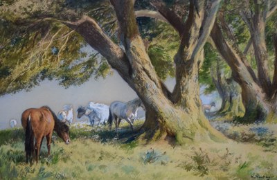 Lot 598 - Kenneth Yockney (20th Century) - Watercolour - Ponies grazing beneath trees