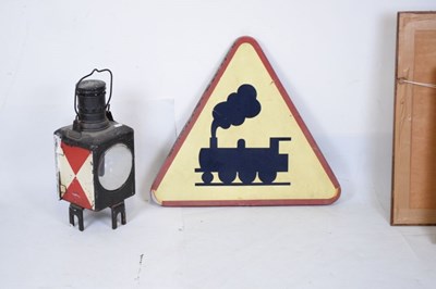 Lot 362 - German railway lantern marked 'DB 77', together with a triangular railway sign