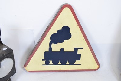 Lot 362 - German railway lantern marked 'DB 77', together with a triangular railway sign