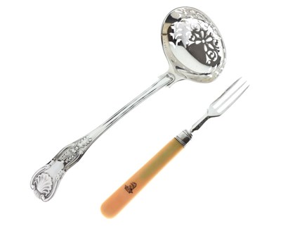 Lot 183 - William IV 'Kings' pattern silver sifter spoon, together with a Victorian bone-handled fork